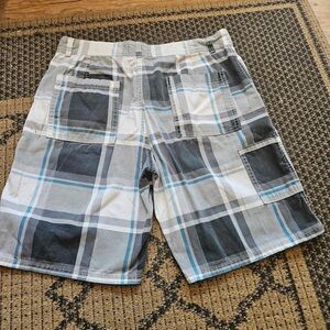 OP Ocean pacific men’s gray blue plaid Bermuda shorts size 34” 100% cotton